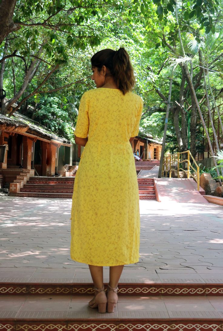 "Wrap dress for women, Linen maxi dress, Block print dress, Yellow linen dress, Plus size, made to order, custom made -Model height: 5'3\" wearing size S -Length: 36\" and 46\" Hand block printing is a centuries old Indian art form that utilizes a hand carved teak wood block that is dipped in dye and stamped by hand onto cotton or silk. We have used simple floral motifs to create elegant designs for our comfortable maxi dresses." Floral Print Linen Maxi Dress, Bohemian Printed Linen Dress, Bohemian Linen Printed Dresses, Yellow Long Printed Maxi Dress, Yellow Printed Long Maxi Dress, Printed Linen Beach Dresses, Cotton Floral Print A-line Maxi Dress, Cotton A-line Maxi Dress With Floral Print, Yellow Floral Cotton Maxi Dress