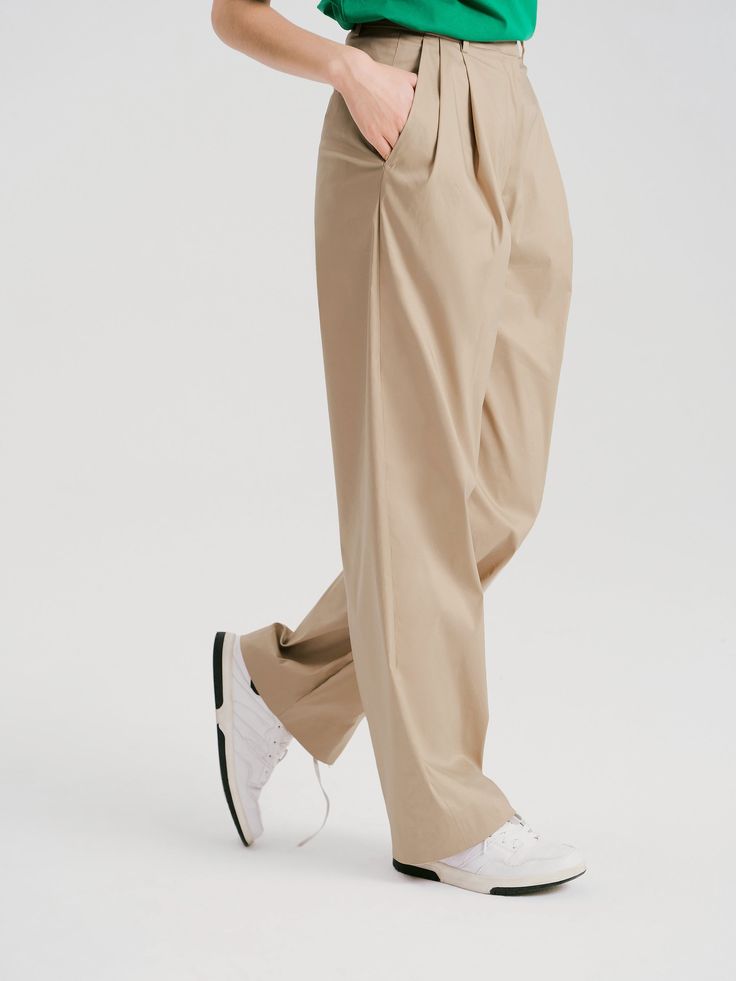 Details: Modern retro khaki wide leg pants High-waisted straight-leg shape Pleated waist for a strong sense of layering Side slash pockets Loose hem, floor-length pants Materials & Care: Viscose 39.9%, Nylon 30.2%, Cotton 25.5%, Spandex 4.4% Hand wash | Dry clean Do not bleach Size & Fit: Model is 5'7", Bust 32, Waist 24, Hips 35, wearing a size S Item #: WM2PA17 Relaxed Fit Wide Leg Pants In Khaki, Khaki Straight Chinos For Spring, Khaki Straight Cargo Pants, Beige Wide Leg Chinos For Fall, Wide Leg Beige Chinos For Fall, Khaki Wide Leg Chinos For Fall, Beige Chinos For Fall, Fall Beige Chinos Trousers, High-waisted Khaki Chinos For Work