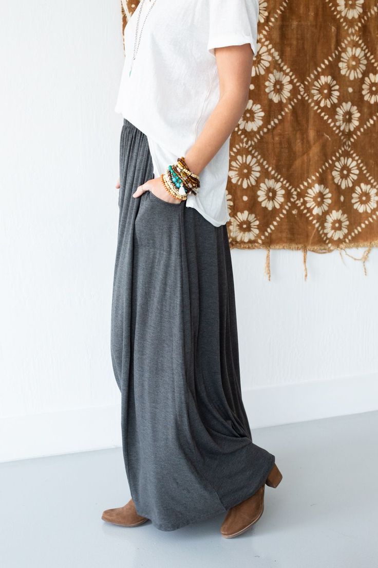 Our softest, lush knit is just right on this roomy maxi skirt with a high stretch-waist and real pockets. This effortless, long skirt can be styled with a casual knot at the finished hem to catch more breeze and embrace that vibe that says you just strolled off the shore and are ready for adventure. *Due to lighting and differences in monitors, actual colors may vary slightly from what appears online. Model is 5'8" and wearing a size small. Measurements for size small are as follows: Approximate Beach Chic Fashion, Bohemian Clothing, Long T, Beach Chic, Espadrille Sandals, Sandals Flip Flops, Bohemian Clothes, Flare Pants, Long Skirt