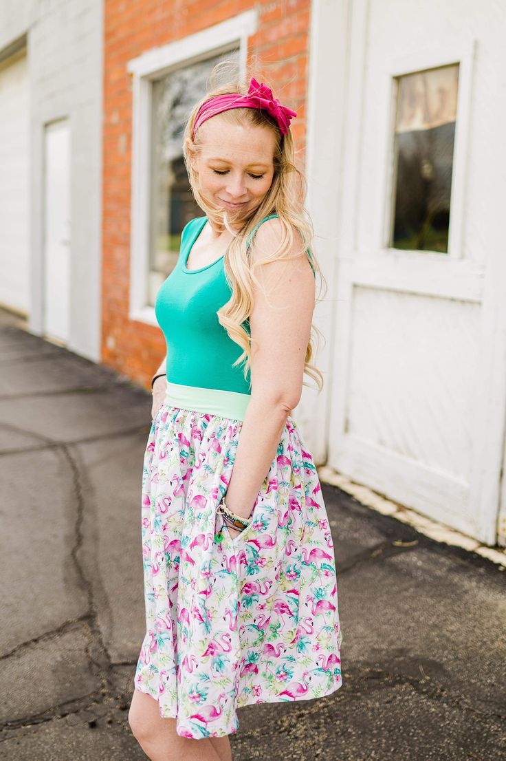 Knit bodice tank dress with woven twirl skirt and pockets. Party Ladies, Twirl Skirt, Flamingo Party, Twirl Dress, Pocket Dress, Tank Dress, Womens Tank, Flamingo, Bodice