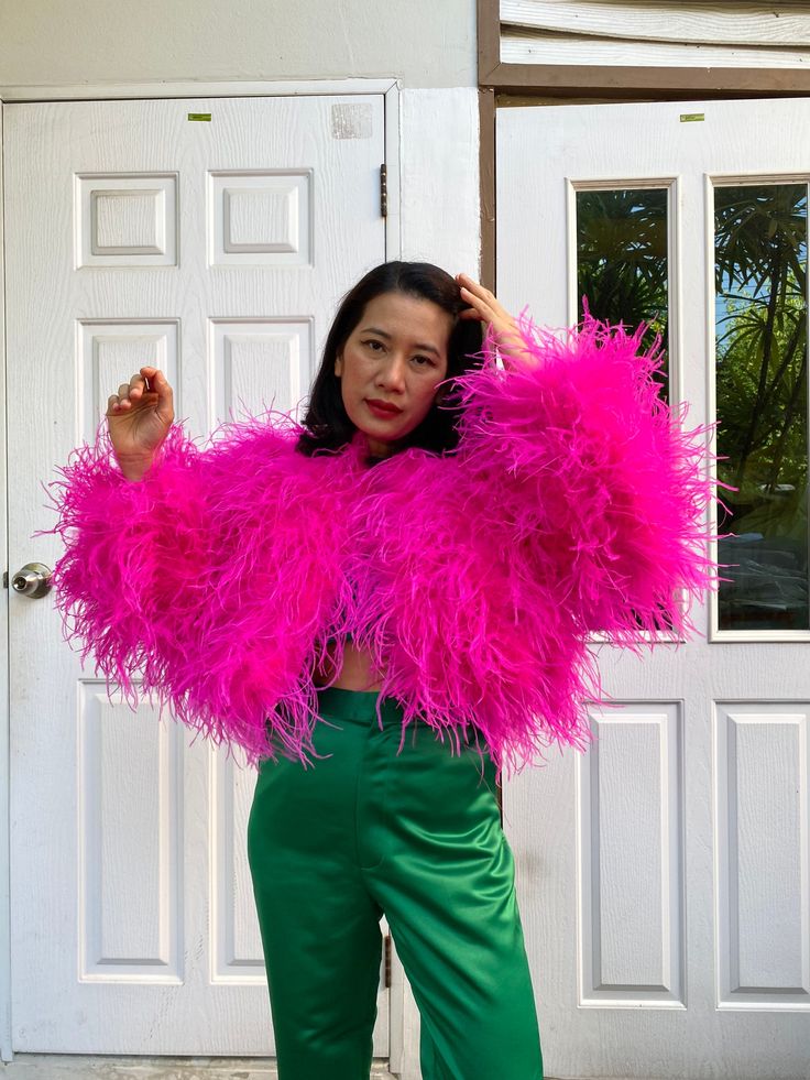 -Made to order for every sizes -please check my size chart before ordering if it doesn't fit with my size chart  please measure your bust waist and hips  -cropped jacket made with boas feathers -color:fuchsia,hot pink,black,white,baby blue, light yellow -Dry clean only Hot Pink Feather Top, Pink Fuzzy Jacket Outfit, Pink Long Sleeve Outerwear For Costume Party, Fitted Pink Outerwear For Wedding, Pink Fitted Outerwear For Wedding, Glamorous Fall Wedding Outerwear, Glamorous Spring Wedding Outerwear, Pink Boas, Fuzzy Jacket Outfit