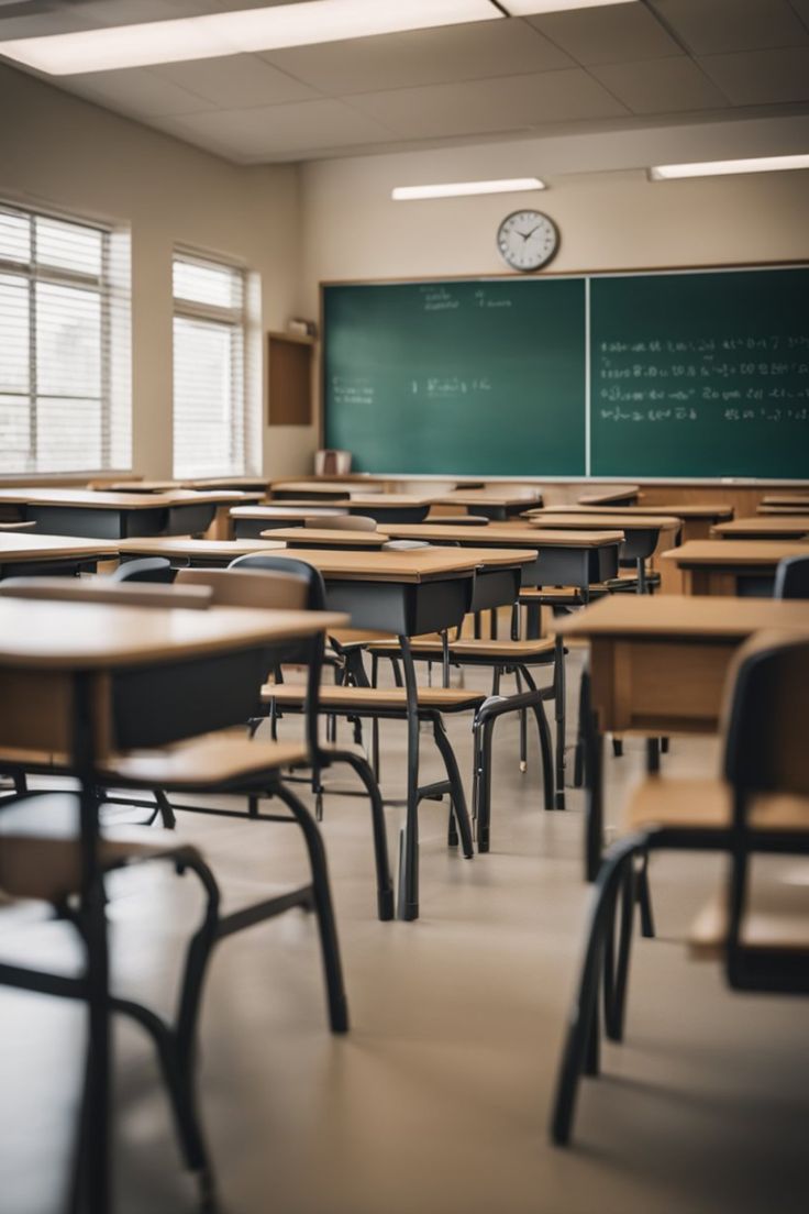 an empty classroom with desks and a chalkboard