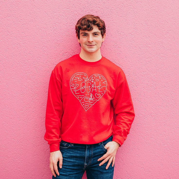 Show off your love for Corpus Christi for Valentine's Day...but really all year long with these adorable locally designed crewnecks. We partnered up with our friends at Jewels Clothing to offer this design EXCLUSIVELY at our two shops, so make sure you snag yours before they're gone. Designed by local creative powerhouse Gilbert Cantu of Can2 Creative Co. Soft and light Unisex cut Printed locally at Milestones Designed locally by Gilbert Cantu of Can2 Creative Co. Valentine's Day Sweatshirt With Relaxed Fit And Crew Neck, Valentine's Day Crew Neck Sweatshirt With Relaxed Fit, Heart Logo, Light Red, Milestones, Navy And White, Crewneck Sweatshirt, Valentine's Day, Crew Neck Sweatshirt