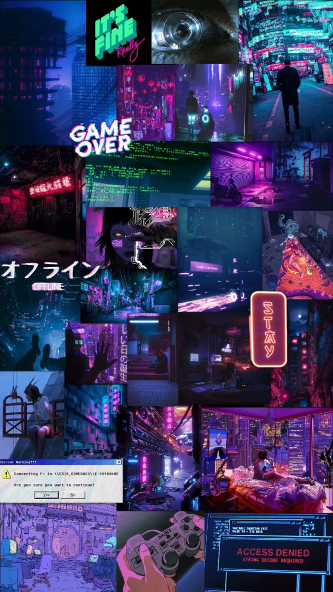 a collage of different images with neon lights