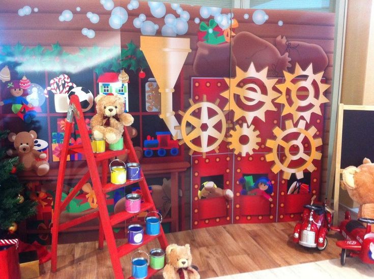 there are many teddy bears on the shelves in this children's playroom with toys