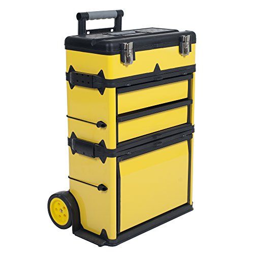 a yellow tool box with four drawers on wheels