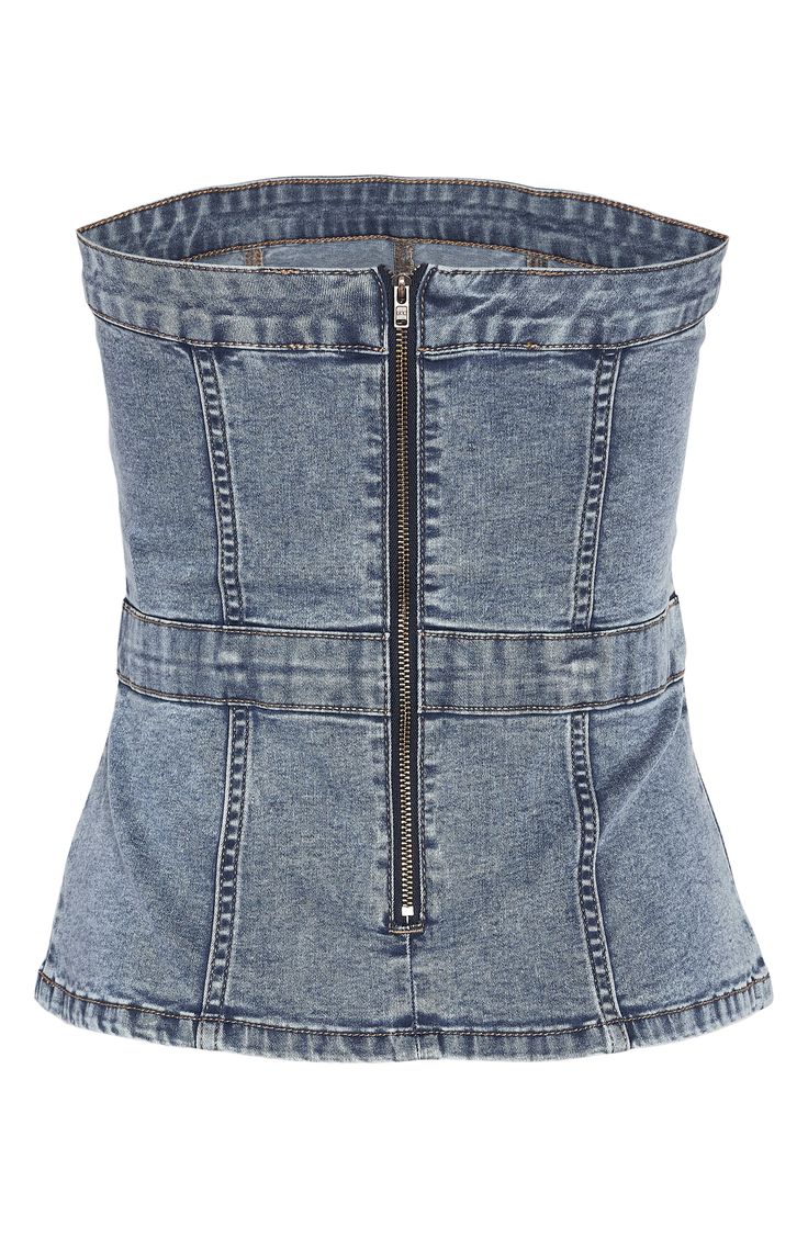 Full of modern casual-cool charm, this seamed denim top is updated in a shoulder-baring silhouette for day-to-night potential. 16 1/2" length Exposed back-zip closure Strapless 75% cotton, 18% polyester, 5% viscose, 2% elastane Machine wash, dry flat Imported Dark Wash Fitted Strapless Top, Fitted Dark Wash Strapless Top, Chic Dark Wash Denim Top For Night Out, Strapless Blue Denim Top For Night Out, Trendy Washed Denim Blue Top, Fitted Denim Top With Zipper Closure, Spring Denim Top For Night Out, Summer Night Out Denim Top, Fitted Washed Denim Blue Top