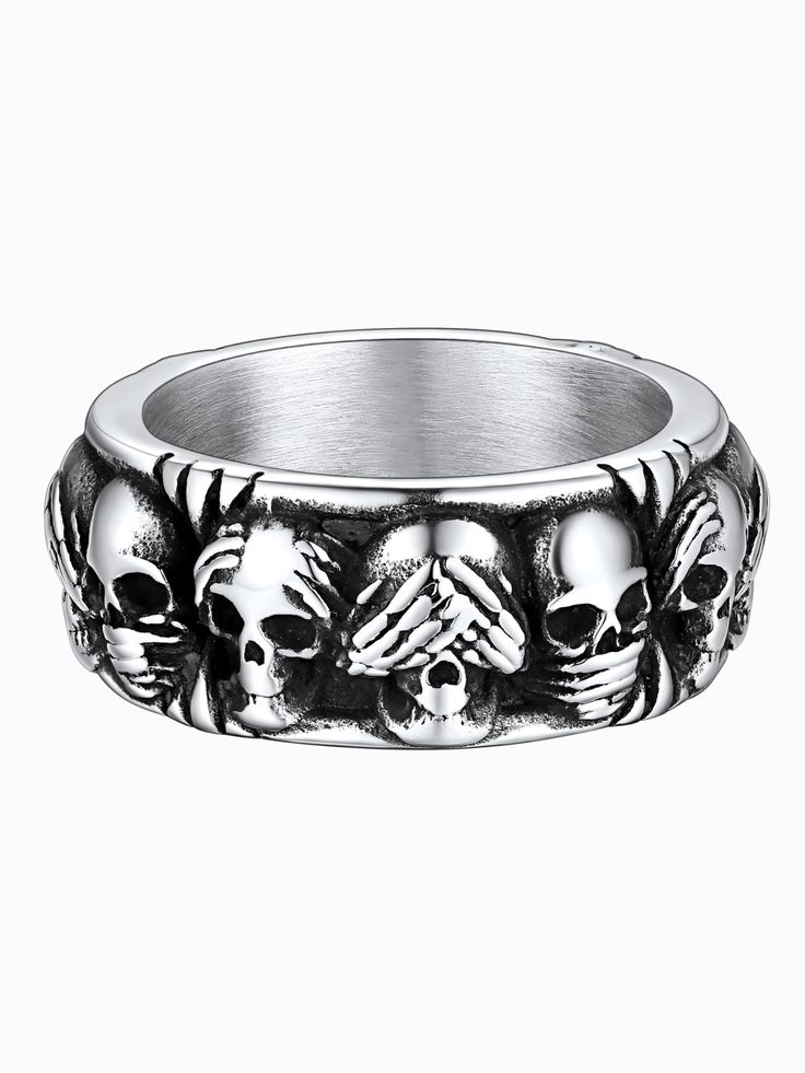 PRICES MAY VARY. 【Gothic Skull Rings】--Retro punk 3 skull band rings, suit for biker, hip hop, rock and gothic fans. Unique skull ring design for broken souls, meticulously crafted in great detail, as well as good cos play jewelry for halloween party. 【Retro Steel Rings for Men】--Top steel biker rings made of 316L Stainless Steel, lead-free and nickel-free. Perfect for sensitive skin, no more worrying about allergies. No tarnish and oxidize, long lasting. It is able to endure a lot of wear and t Gothic Jewelry For Men, Gothic Accessories Men, Unique Mens Jewelry, Emo Rings Men, Black Ring For Halloween Streetwear, Black Metal Skull Ring Symbolic Style, Symbolic Black Metal Skull Ring, Black Symbolic Skull Ring For Halloween, Symbolic Black Skull Ring For Halloween