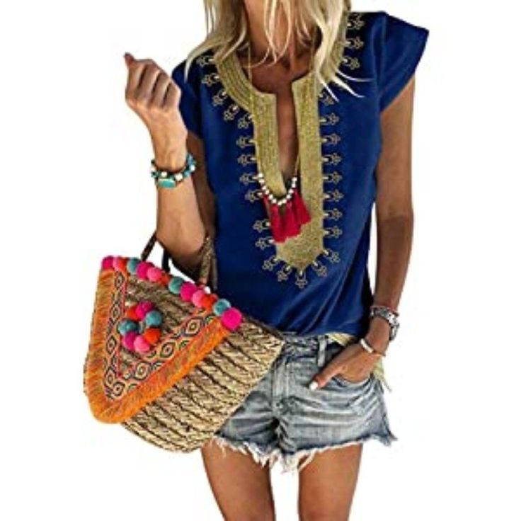 95% Polyester, 5% Spandex The Ethnic Style Boho Print Is Chic And Eye-Catching Sexy V Neck, Short Sleeves And Pleat Front Suit Occasion For Daily Life, Party, School, Vacation, Office, Work, Casual Wear For Women And Juniors Bohemian Embroidered Top For Vacation, Bohemian Embroidered Summer Top, Bohemian Embroidered Top For Summer, Blue Embroidered Top For Summer Beach, Blue V-neck Embroidered Top For Beach, Blue Casual Embroidered Top For Vacation, Blue Bohemian Embroidered Top For Vacation, Casual Blue Embroidered Top For Vacation, Embroidered Bohemian Tops For Beach Season