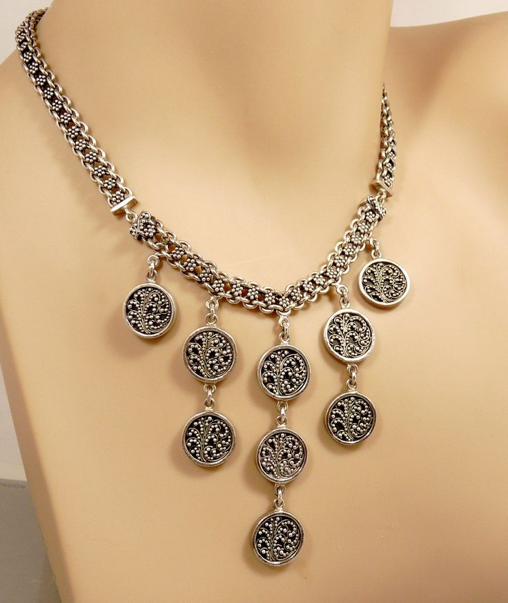 "Lois Hill Sterling 925 Graduated Dangle Necklace Amazing, Unique, Example Of Lois Hill Jewelry Features A Double Row Granulated Pattern Sterling Chain With Toggle Clasp Closure Adorned With 5 Graduated Decorative Granulated Floral Disks Chain Dangles  A Hard To Find Example Weighing In At 62 Grams  Adjustable Length 15\" -18\" Marked LH For Lois Hill And 925 jujubee1.etsy.com  To Browse My Shop" Lois Hill Jewelry, Metal Pendant Necklace, Dangle Necklace, Dangle Necklaces, Turtle Pendant, Rhinestone Brooches, Vintage Miniatures, Metal Pendant, Toggle Clasp