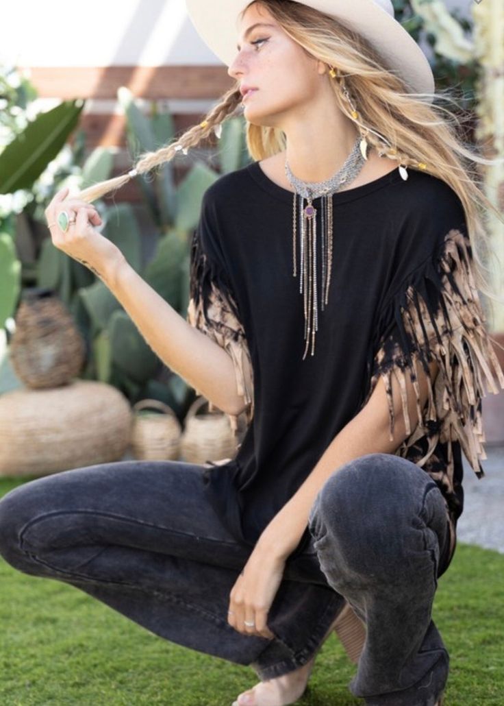 Cowboy Days Black Tie Dye Fringe Top Fringe Top Outfit, Bleach Top, Paint Splatter Shirt, Shorts And Cowboy Boots, Fringe Sleeves, Reverse Tie Dye, Olive Green Shorts, Womens Black Shorts, Boho Fringe