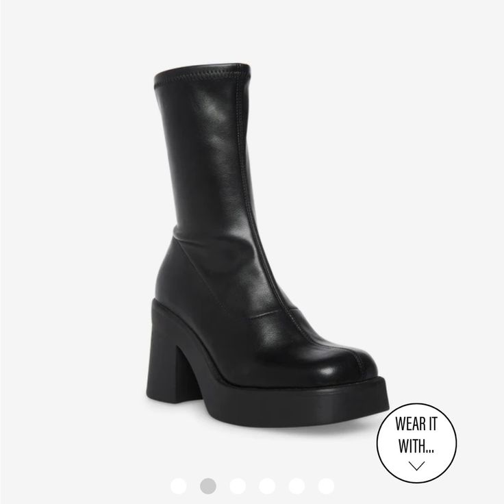 Style: Klayton Black Steven Madden Still In Package Paid $145 After Shipping Fall High Heel Platform Boots With Leather Sole, Fall Platform Boots With High Heel And Leather Sole, Faux Leather Platform Boots With Leather Sole For Fall, Fall Faux Leather Platform Boots With Leather Sole, Leather High Heel Mid-calf Boots With Chunky Platform, Leather Mid-calf Boots With Chunky High Heel, Leather Mid-calf Boots With Chunky Platform, Leather Boots With Chunky Platform And Round Toe, Leather High Heel Boots With Chunky Platform