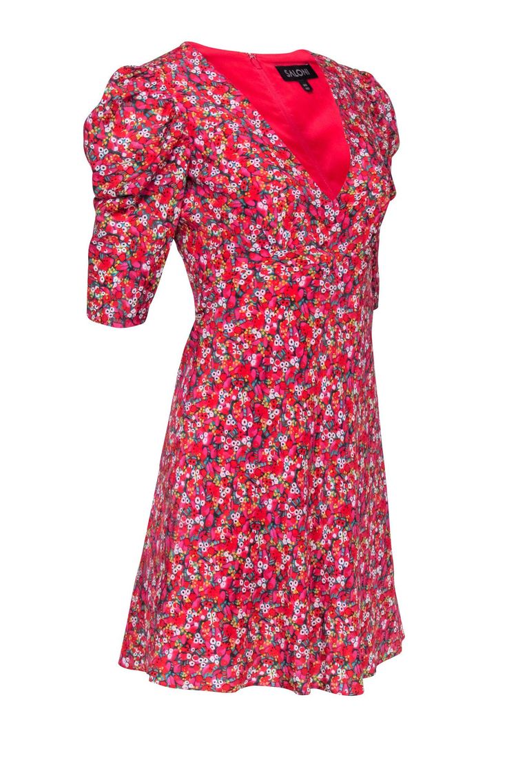 Stand out from the crowd in this statement-making dress! The Saloni dress features a vibrant, hot pink and multi-color floral print with a V-neck and puff short sleeves for a stylish look. Rock the party in this show-stopping dress, because you'll be the hottest flower in the room! Size 4 Shell 100% Silk Lining 100% Polyester Invisible zipper back Short sleeves V-neckline Bust 34" Waist 28" Shoulder to hem 35" Sleeve length 19" Saloni Dress, Look Rock, Buy Shoes Online, Room Size, Invisible Zipper, Sweater Weather, Floral Print Dress, Print Dress, Hot Pink