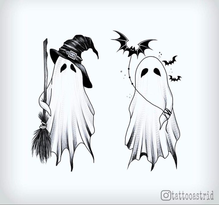 two black and white drawings of halloween ghostes with bats on their heads, one holding a broom