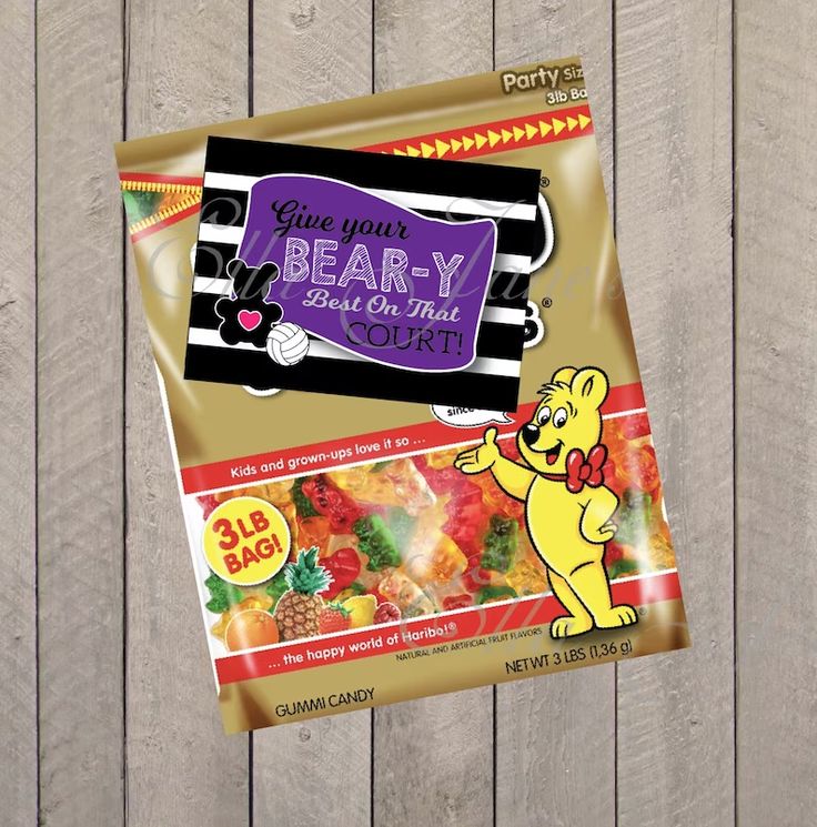 a bag of gummy bears with the label give your beary back to school