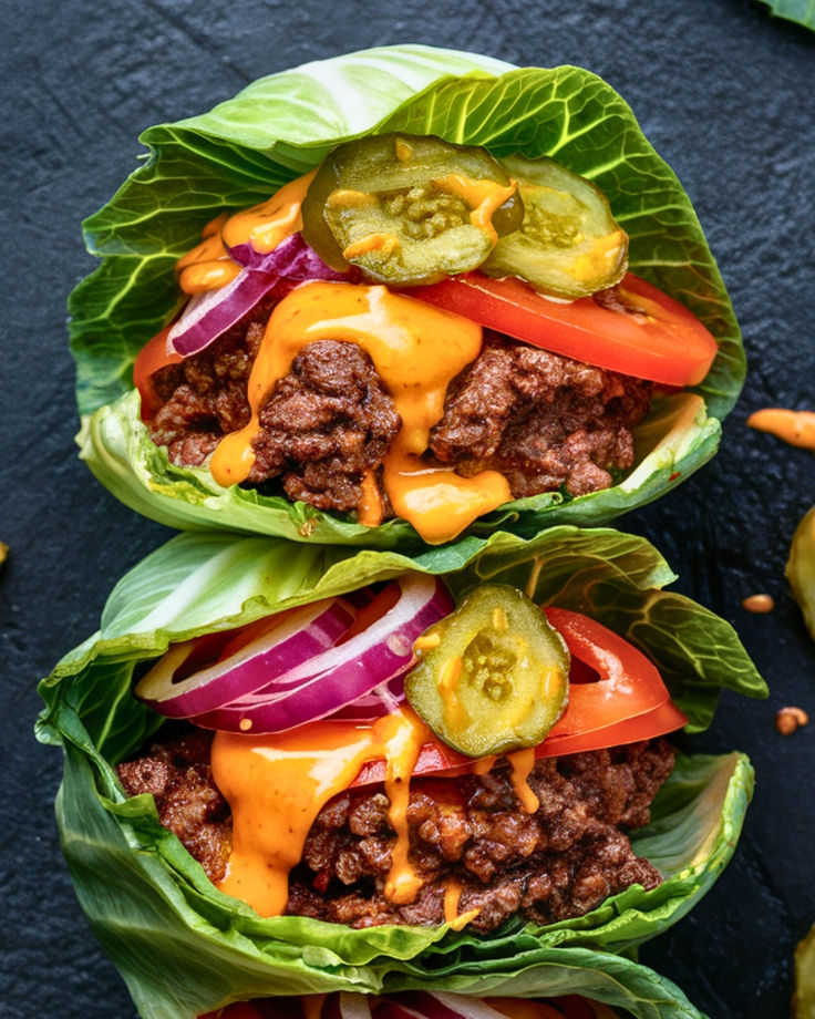 three lettuce wraps filled with beef, peppers and onions on top of each other