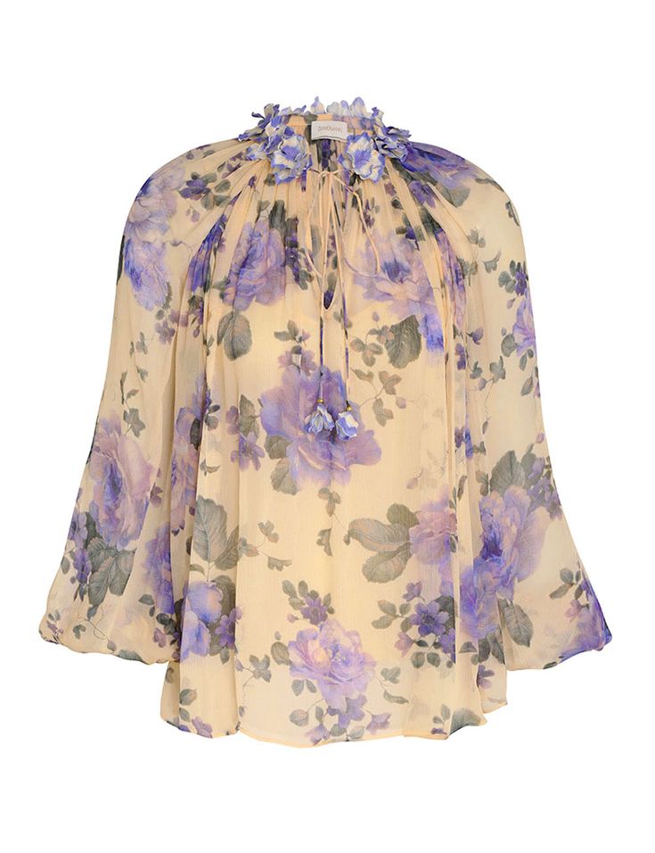 The Lyrical Billow Blouse in Blue Floral Print from our Fall 2023 Collection, Luminosity. A crinkle georgette blouse featuring 3D flower appliques at the collar and neck ties. Great Neck New York, Georgette Blouse, Neck Ties, Blue Floral Print, 2023 Collection, Flower Applique, Fall 2023, Blue Blouse, How To Be Outgoing