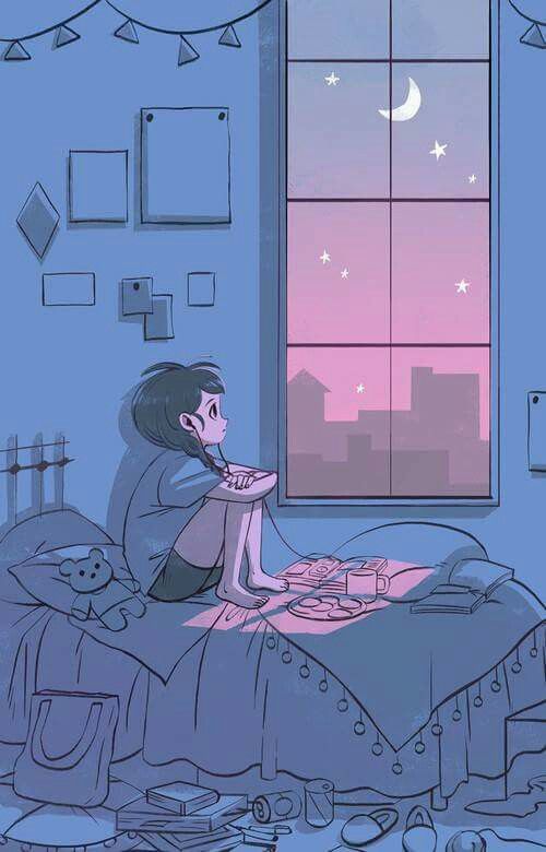 Girl looking out the window and listening to music Wallpaper Seni, Illustration Noel, Looking Out The Window, Seni Cat Air, Fete Anime, Cute Happy, The Night Sky, Anime Scenery, Photo Profil