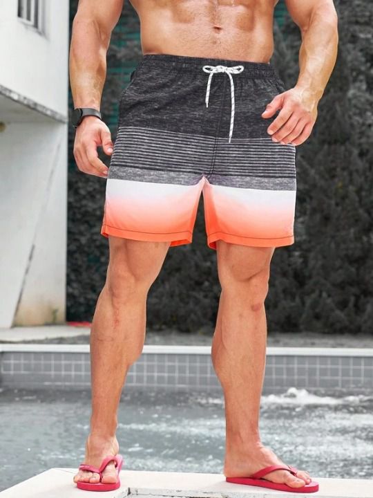 Make a bold statement with our Striped Print Swim Shorts. Designed for those who want to showcase their unique sense of style, these swim shorts are a true fashion statement. The vibrant and eye-catching horizontal striped print instantly grabs attention and adds a playful touch to your beach or poolside look. Details: Pattern Type: Striped, Letter Details: Patched, Drawstring Type: Bottoms Bottom Type: Shorts Fabric: Non-Stretch Composition: 100% Polyester Care Instructions: Machine wash, do no Orange Shorts For Poolside And Beach Season, Summer Bottoms With Vertical Stripes And Stretch, Striped Bottoms With Built-in Shorts For Poolside, Stretch Summer Bottoms With Vertical Stripes, Orange Summer Swimming Shorts, Stretch Bottoms With Vertical Stripes For Summer, Orange Swim Trunks With Built-in Shorts For Summer, Orange Short Length Swim Trunks For Vacation, Orange Beachwear Shorts For Poolside