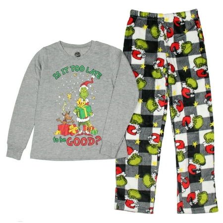 Embrace the holiday spirit by dressing your little one in this charming Dr Seuss's The Grinch 2-piece pajama set. This set, crafted from 100% polyester, offers softness and durability, perfect for your child's comfort. The Grinch Christmas 2-piece fleece pajama set features an elastic waistband on the fleece pajama bottoms for a secure fit. The long-sleeve grey t-shirt features ribbed cuff sleeves to help keep the sleeves in place and to help prevent the sleeves from riding up. The fleece pajama Grinch Pjs, The Grinch Who Stole Christmas, Grinch Pajamas, Dr Seuss The Grinch, Christmas Pajamas Kids, Pajama Costume, Grinch Who Stole Christmas, Is It Too Late, Matching Family Christmas Pajamas