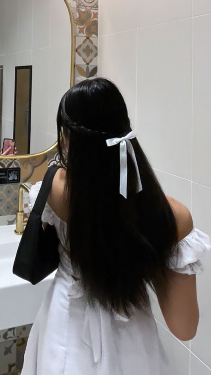 Cute Hairstyle, Bow Hairstyle, Trendy Hairstyle, Clip Hairstyles, Ribbon Hairstyle, Long Black Hair, Ribbon Hair, Long Straight Hair, Hair Routines