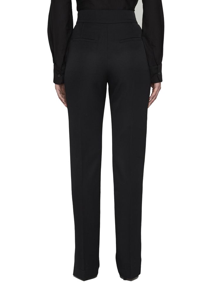 100% Wool Elegant Ankle-length Dress Pants For Evening, Timeless Fitted Ankle-length Pants, Fitted Timeless Ankle-length Pants, Tailored Ankle-length Pants For Evening, Evening Dress Pants With Welt Pockets And Tapered Leg, Evening Dress Pants With Tapered Leg And Welt Pockets, Timeless Business Casual Pants, Concealed Placket Pants For Office, Elegant Fitted Bottoms With Straight Hem