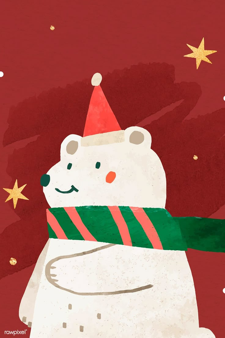 a polar bear wearing a christmas hat and scarf with stars in the sky behind it