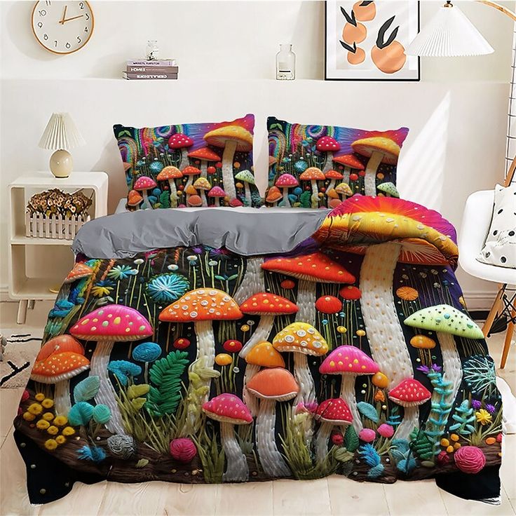 a bed covered in lots of colorful mushrooms