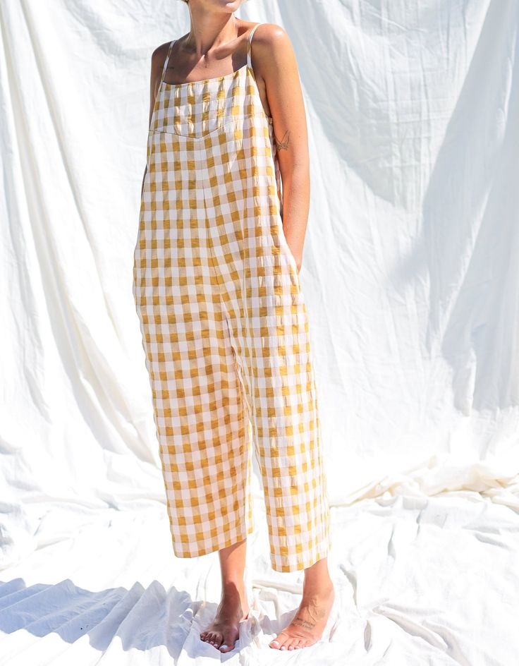 Spaghetti Strap Jumpsuit in Seersucker Gingham Cotton ADA - Etsy Spring Gingham Jumpsuits And Rompers, Summer Sleeveless Gingham Jumpsuits And Rompers, Sleeveless Gingham Jumpsuits And Rompers For Summer, Yellow Cotton Overall Jumpsuits And Rompers, White Summer Jumpsuit With Bib Front, Summer White Bib Front Jumpsuits And Rompers, White Bib Front Jumpsuit For Summer, White Bib Front Jumpsuits And Rompers For Summer, White Cotton Bib Front Jumpsuit