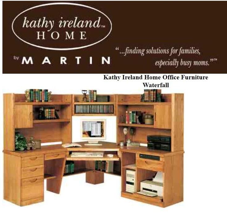 an advertisement for kathy ireland's home martin furniture, featuring a computer desk and bookshelf