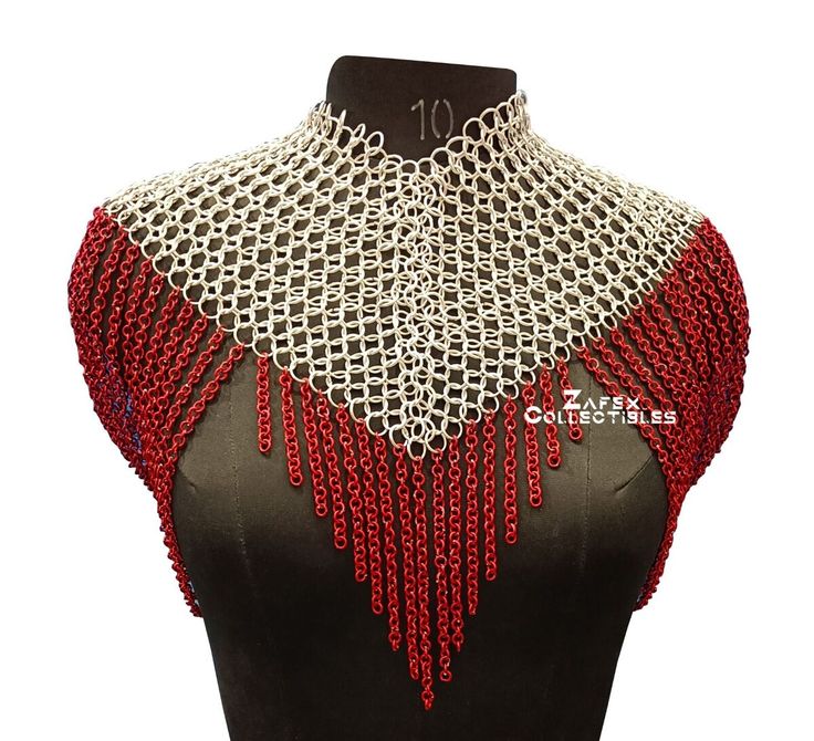 Add a touch of fantasy to your costume with this Aluminum Butted Red Chain Collar for Women and Girls! Handcrafted in India, it features a stunning silver and red design that's perfect for cosplay or Halloween. Lightweight and custom-made, it's a must-have accessory for any fantasy lover. #FantasyFashion #CosplayJewelry #HalloweenAccessories #ChainMailCollar #HandcraftedInIndia #Fantasy #Halloween Chainmail Collar, Medieval Chainmail, Chainmail Clothing, Warrior Cosplay, Junk Kouture, Fancy Clothing, Chainmail Armor, Chainmail Top, Ren Faire Costume