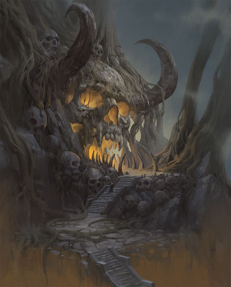 a digital painting of a cave with stairs leading up to it and skulls on the ground