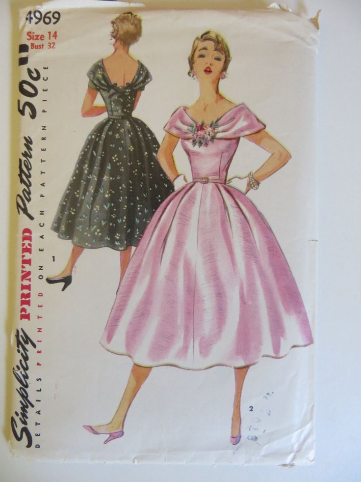 SIMPLICITY Printed Pattern with Instructions No. 4969 **Uncut and Unused** One-Piece Dress Size 14, Misses Date: 1954 Bust: 32 Hip: 35 Description Reads: A low neckline and a large collar softly pleated at front and back and extending to just over the shoulder style this very becoming dress. Bow trim details collar at back. The graceful full skirt is softly pleated at waistline in front and in back. A self belt or purchased belt may be worn. View 1 has short sleeves; view 2 is sleeveless. Envelope shows minor wear and tear, but pattern and instructions are in EXCELLENT condition. Please email me if you have any questions. Thanks you for shopping! -------------------------------------------------- **If you see a pattern you love, don't pass it up just because its the wrong size! With a litt 1950s Formal Dress, Vintage Dress 50s, 1950s Prom, 1950s Prom Dress, 1950s Sewing Patterns, Draped Collar, 1950 Fashion, Full Skirts, 50s Vintage