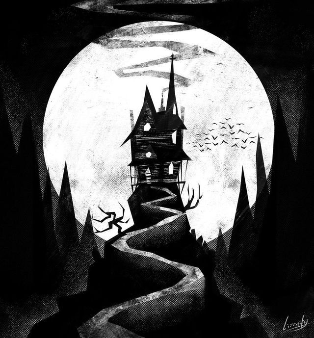 a black and white drawing of a house in the woods with a full moon behind it