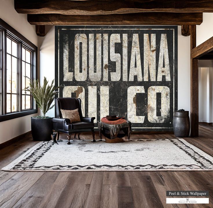 a living room with a large sign on the wall that says, louisana oil co