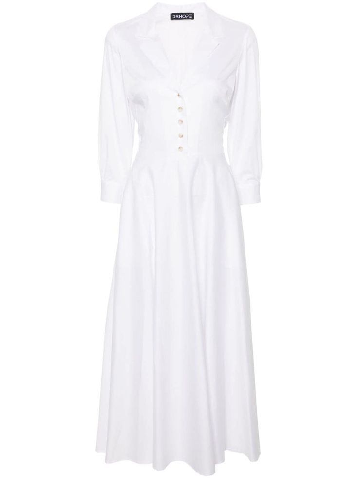 white cotton blend poplin texture notched collar front button placket three-quarter length sleeves buttoned cuffs rear elasticated waistband flared skirt detachable waist belt two side inset pockets unlined straight hem maxi Classic Midi Dress With Placket For Daywear, Elegant Button-up Cotton Maxi Dress, Elegant Cotton Button-up Maxi Dress, Classic White A-line Shirt Dress, Elegant Summer Shirt Dress With Button Cuffs, Elegant Cotton Dress With Button Cuffs, Classic Long Sleeve Summer Maxi Dress, Elegant Shirt Dress With 3/4 Sleeves And Buttons, Classic Long Sleeve Maxi Dress For Summer