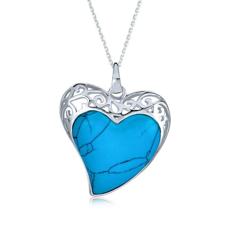 This filigree heart pendant features an irresistible sweetheart design consisting of created turquoise stone and .925 Sterling Silver. This silver and turquoise pendant is a real attention grabber and a perfect gift for any occasion. The inlaid turquoise is set inside an elaborately designed silver heart with a hypnotic swirling filigree detail. This intricate piece of turquoise jewelry will look stunning around your neck in any social occasion. A perfect December birthstone gift, this wonderful Filigree Heart, Heart Shaped Pendant Necklace, Turquoise Heart, Heart Pendant Gold, Jewelry Images, Heart Shape Pendant, Silver Pendants, Turquoise Pendant, Silver Pendant Necklace