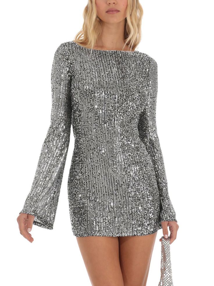 Women's Sexy Shiny Sequins Sparkly Glitter Dress Crewneck Long Flare Sleeve Backless Mini Dress Fall Party Dress, Sparkly Bodycon Dress, Backless Cocktail Dress, Dirndl Outfit, Backless Bodycon Dresses, Sequin Bodycon Dress, Mini Robes, Dress With Tie, Mini Cocktail Dress