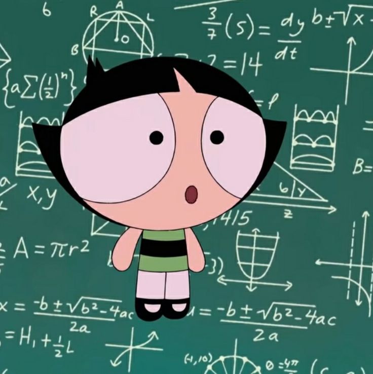 an animated character standing in front of a blackboard