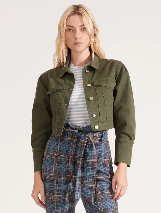 Green Demin Jacket, Green Denim Jacket, Cropped Denim Jacket, Sleeve Jacket, Long Puff Sleeves, Trouser Suits, Jacket Design, Veronica Beard, Cropped Denim