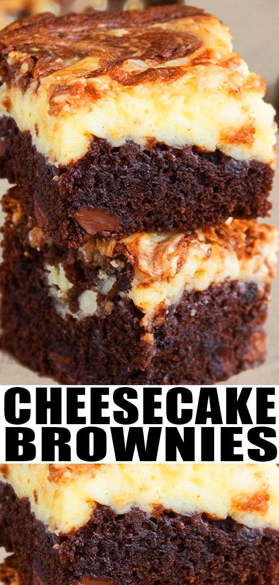 two pieces of cheesecake brownies stacked on top of each other with the words cheesecake brownies above them