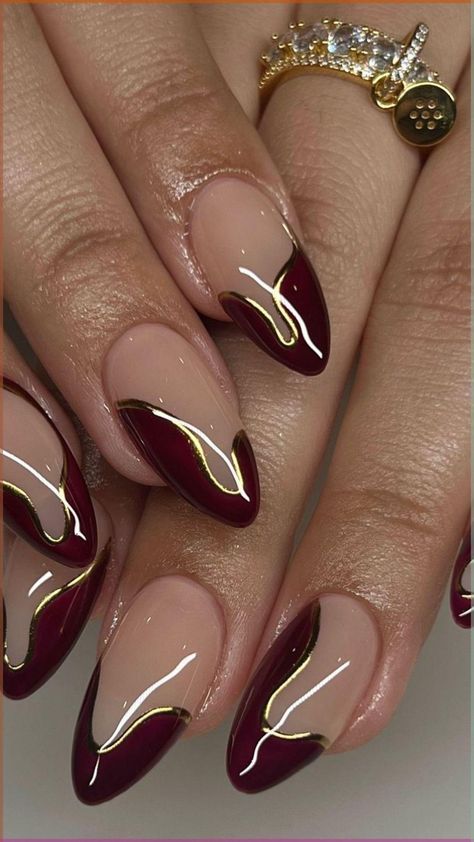 Nail Art Fall 2024, Thanksgiving Nail Design, Dark Aura Nails, Aphrodite Nails, Red And Gold Nails, Classy Acrylic, Colourful Nails, Colorful Nails, Gold Nail