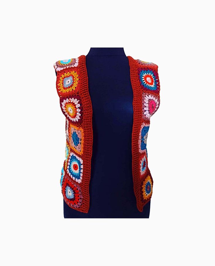 Granny Square Handmade Vest, Hand Knitted Colorful Crochet Waistcoat, Bohemian Authentic Cardigan, Hand Knit Crochet Sweater for Women I knitted this beautiful vest with my own hands with love. A very nice vest for those who love colors. A perfect gift for yourself or your friends who value handmade items! US Women's Numeric Size: 8 Height: 48cm Width: 38cm Please do not hesitate to contact me if you have any questions. :) Fitted Bohemian Sweater For The Beach, Handmade One-size Sweater, Multicolor Knit Cardigan For The Beach, Multicolor Knit Beach Cardigan, Fitted Multicolor Sweater Vest For Winter, Bohemian Multicolor Sweater For Beach, Fitted Multicolor Sweater Vest For Fall, Fitted Multicolor Vest For Winter, Multicolor Fitted Winter Vest