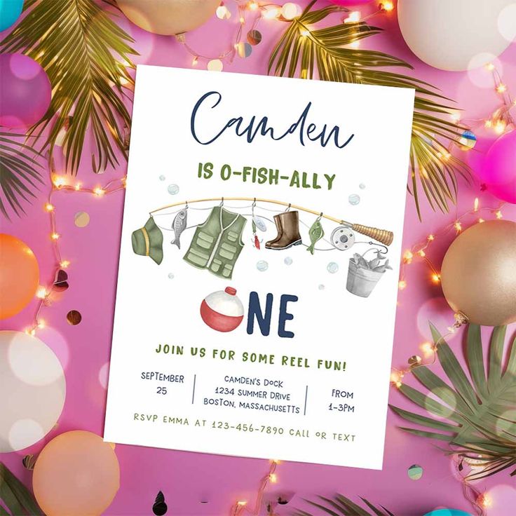 Fishing 1st Birthday Party Invitation Gone Fishing Party, Fishing Invitations, Fishing Birthday Invitations, Fishing Birthday Party, O Fish Ally, Fishing Party, 1st Birthday Party Invitations, 2nd Birthday Invitations, Fishing Birthday