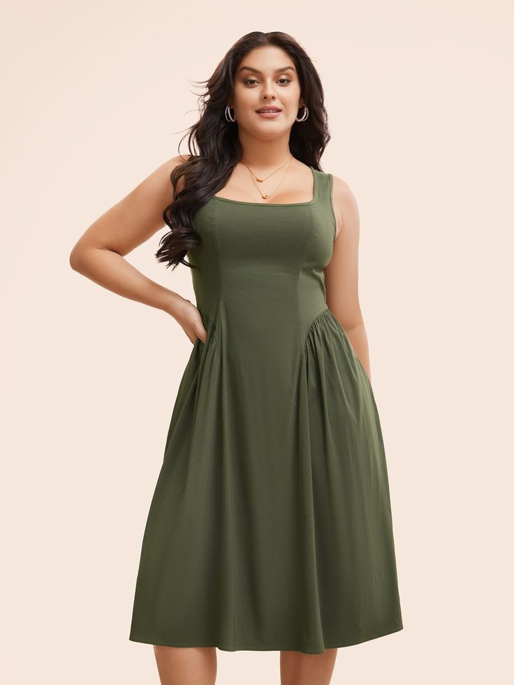 Spring Sleeveless Midi Dress With Fitted Bodice, Sleeveless Midi Dress With Fitted Bodice, Solid Color Sleeveless Midi Dress With Fitted Bodice, Green Sleeveless Midi Dress With Fitted Bodice, Green Fitted Sleeveless Midi Dress, Square Neck Fit And Flare Sundress, Fit And Flare Sundress With Square Neck, Casual Midi Dress With Spaghetti Straps And Fitted Bodice, Knee-length Sundress With Fitted Bodice