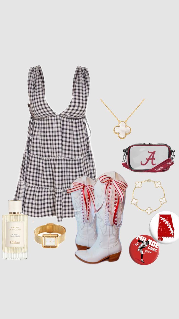 #alabama #tailgate #ootd #outfitinspo #trendy #redandwhite #dress #football #gameday #college Pink Out Fnl Outfit, Alabama Jersey Outfit, Gameday Outfit Inspiration, Alabama Game Outfit, Arkansas Football Game Outfit, White Out Game Outfit Football, Sec Football Game Day Outfit, Sec Gameday Outfits Football, Sec Game Day Outfit