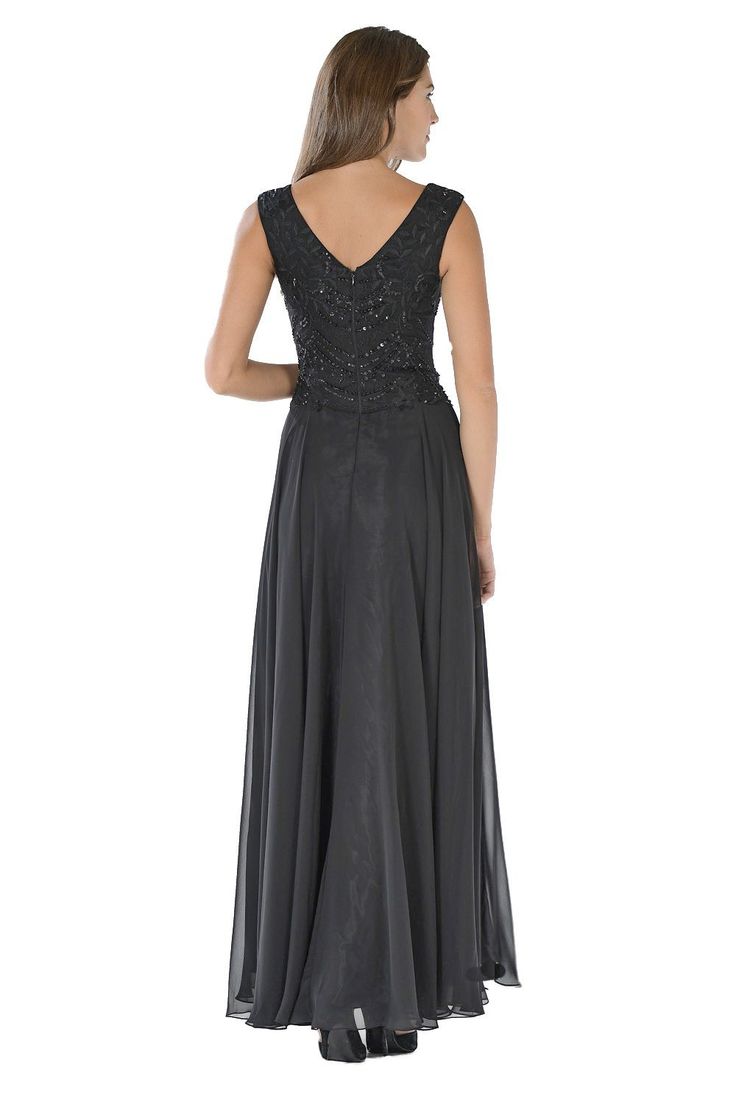 Look graceful and elegant in this sleeveless gown with embellished bodice by Poly USA 7810. This long chiffon evening dress features a sleeveless tank bodice adorned with embroidery accented with sequins. An embellished back, flowing floor-length skirt, and a zipper closure complete this beautiful look. Affordably priced under $200, this dress is perfect for any formal event and will keep you on budget! Designer: Poly USA Style Number: 7810 Material: Chiffon, 100% Polyester Details: Bra Cups, Fu Sleeveless Chiffon Evening Dress With Sweep Train, Chiffon Mother Of The Bride Dress For Gala, Chiffon Prom Evening Dress With Lined Bodice, Mother Of The Bride Sleeveless Dress With Lace Bodice, Sleeveless Lace Bodice Mother Of The Bride Dress, Elegant Sleeveless Evening Dress With Lace Bodice, Sleeveless Sequin Chiffon Evening Dress, Sequin Chiffon Evening Dress For Gala, Embellished Chiffon Prom Evening Dress