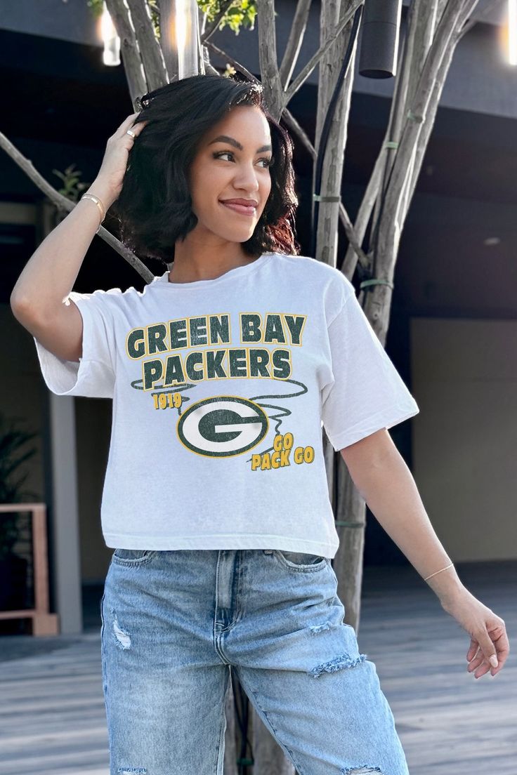 GREEN BAY PACKERS GAMEDAY GOALS BOXY FIT WOMEN'S CROP TEE Green Tops For Sports Season, Green Casual T-shirt For Game Day, Casual Green Tops For Game Day, Green Bay Packers, Green Bay, Crop Tee, Game Day, Women Crop, Breathable Fabric