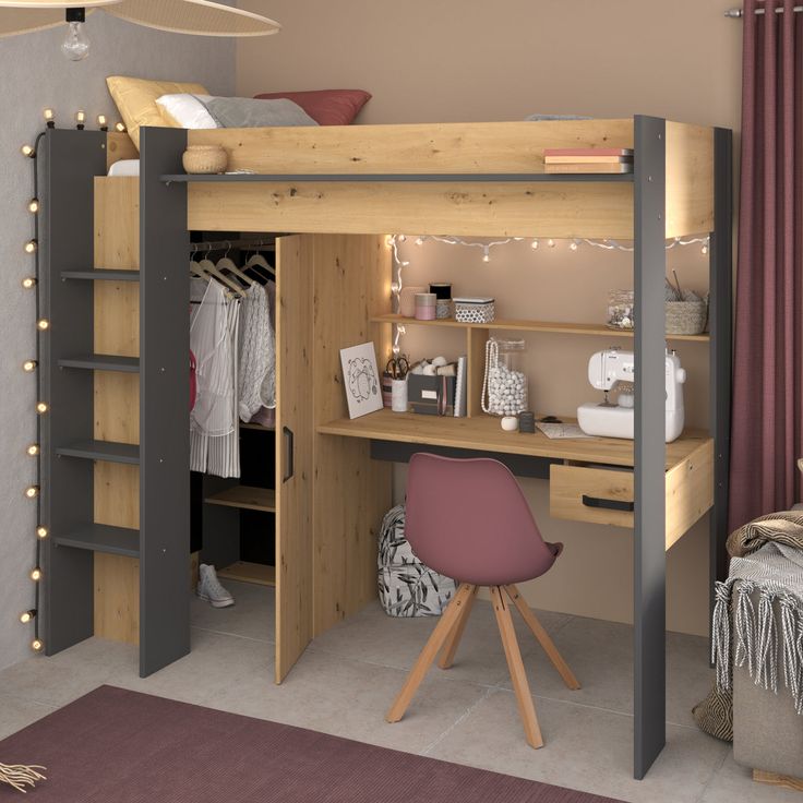 a loft bed with desk and chair in the corner, next to a wall mounted closet