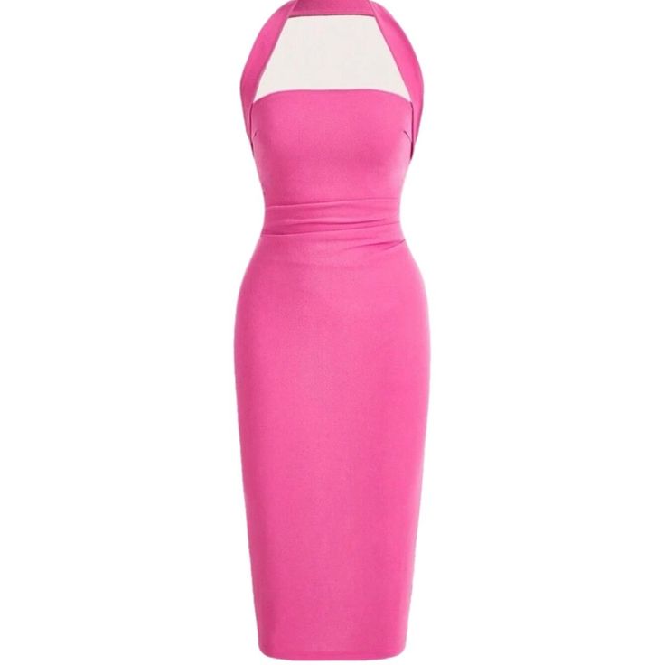 Shein Icon Barbie Hot Pink Solid Halter Neck Backless Bodycon Dress Ladies Size M / Us 6 Purchased Two Different Sizes Of This Dress In The Summer Of 2023 But Forgot To Return This One. Paid $25 Or So For It. Never Worn/Brand New W/Tags. Info: Color: Hot Pink Style: Elegant Pattern Type: Plain Details: Backless, Split Neckline: Halter Sleeve Length: Sleeveless Type: Bodycon Waist Line: Natural Hem Shaped: Pencil Length: Midi Fit Type: Slim Fit Fabric: Slight Stretch Material: Knitted Fabric Comp Pink Fitted Halter Backless Dress, Pink Fitted Backless Halter Dress, Chic Pink Fitted Halter Dress, Pink Fitted Halter Dress For Date Night, Fitted Pink Halter Dress For Date Night, Fitted Midi Halter Dress, Bodycon Midi Dress Outfit, Blonde Costumes, Pink Bodycon Midi Dress